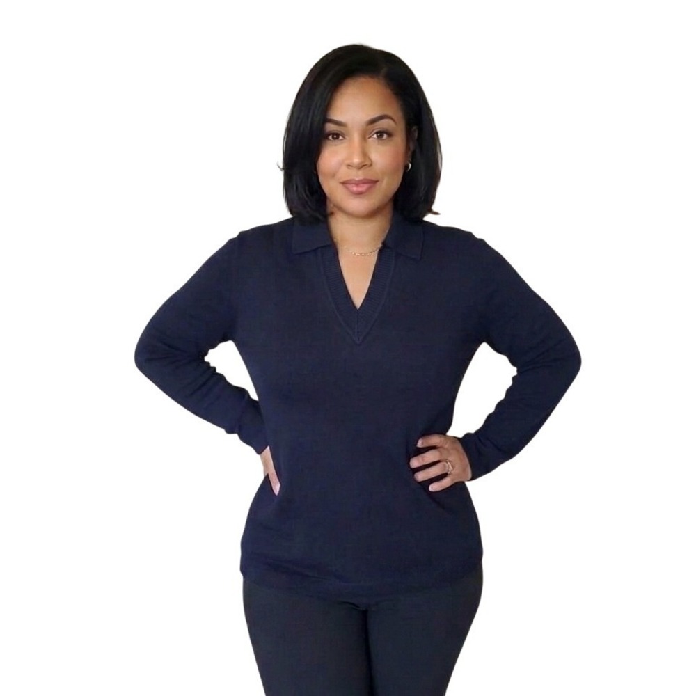 Sisley Navy Blue Wool Blend Polo‎ V-Neck Sweater Made in Italy Womens XL